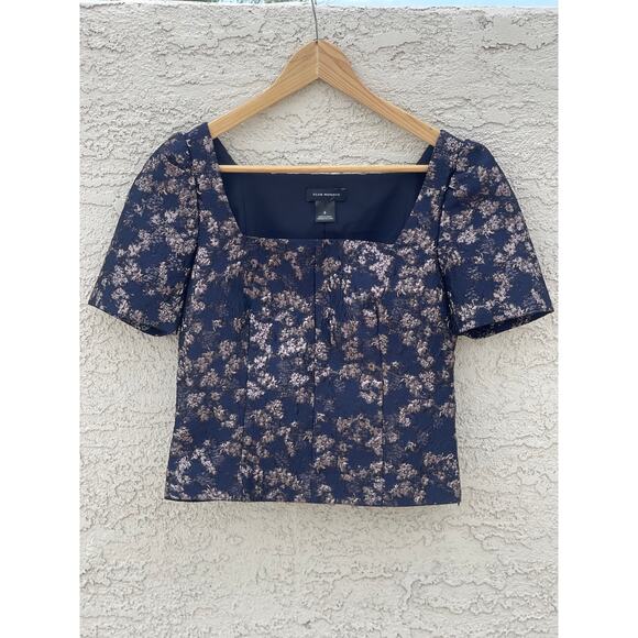 Club Monaco Brocade Puff Sleeve Blue/Gold Square Neck Blouse - 0 - Picture 3 of 7